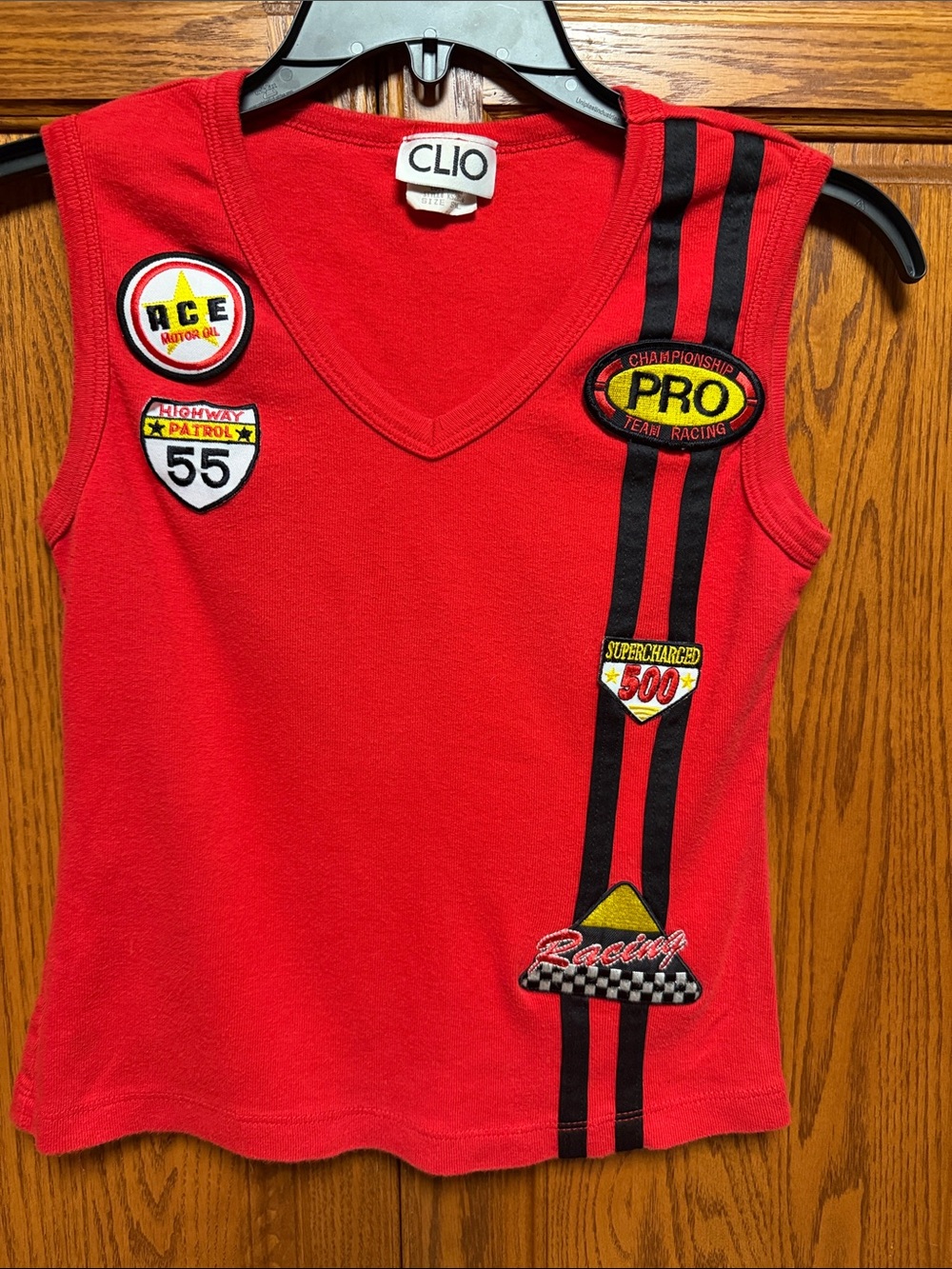 Clio Red Racing Patch V-Neck Tank Top with Black Stripes